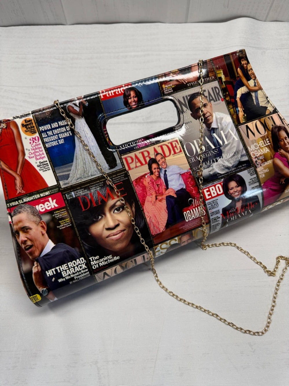 Obama Magazine Cover Print Statement Clutch Bag with Removable Gold Chain Purse